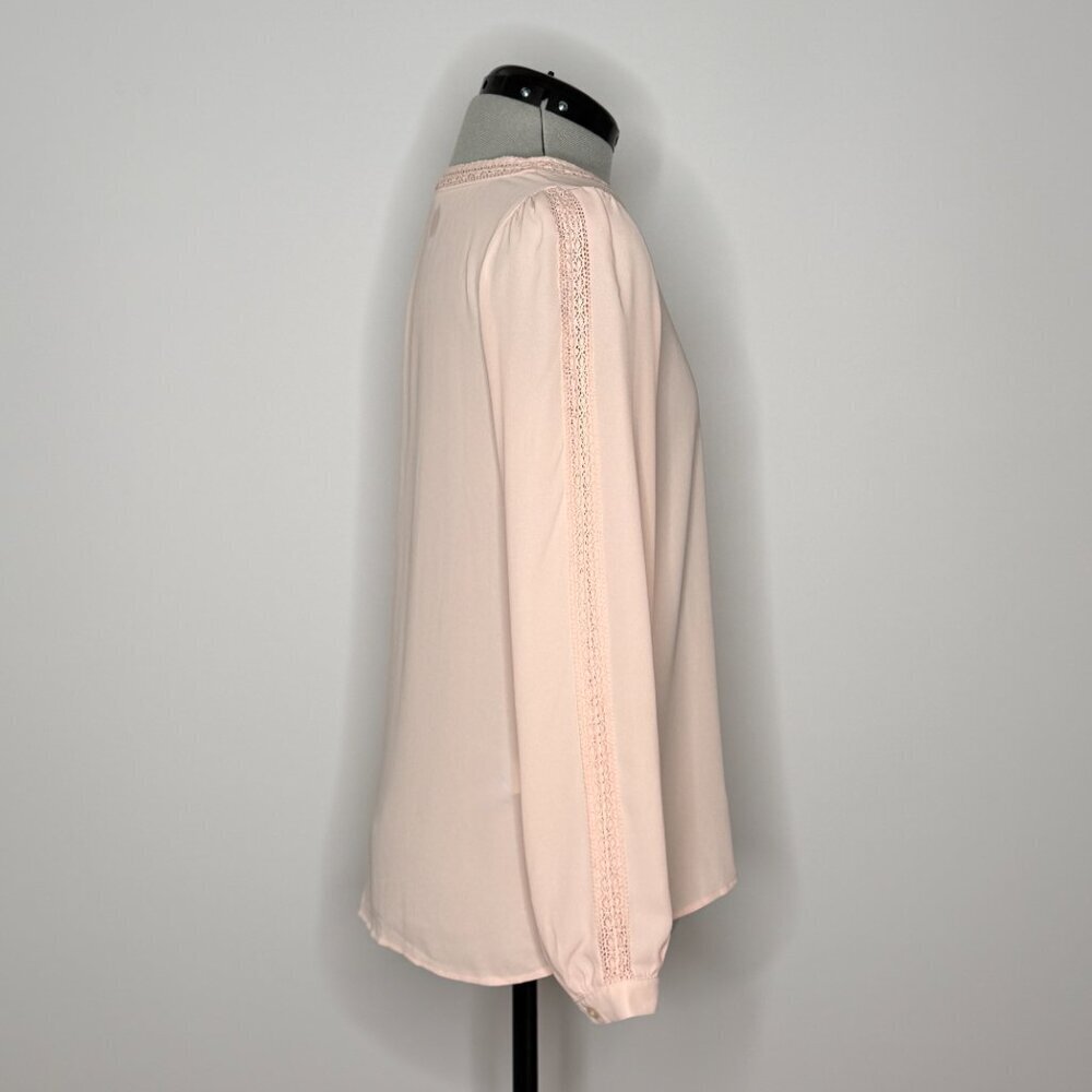 LOFT Blush Pink V-Neck Blouse with Crochet Lace Trim - Size XSmall - Picture 6 of 8